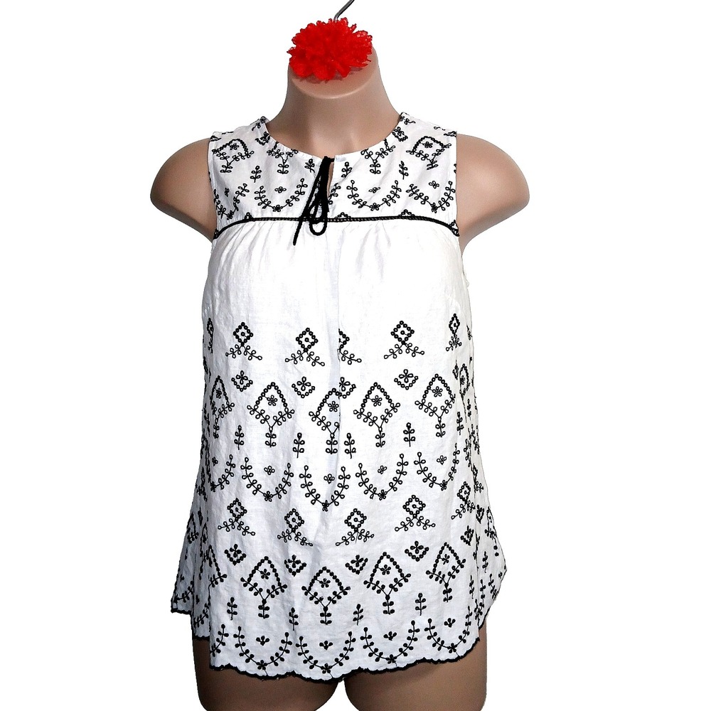 Talbots Women Linen Blend Embroidered Tank Top Plus Size X White Scalloped Hem
